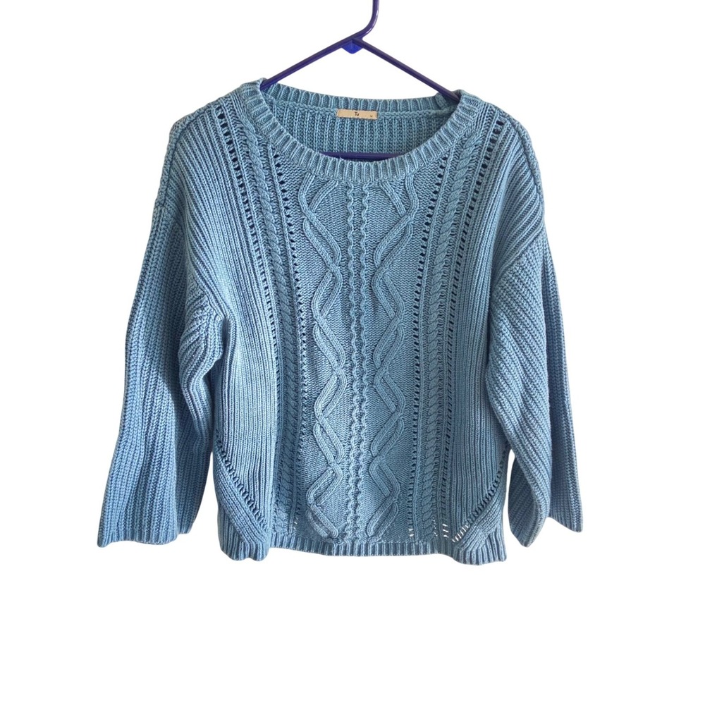 Tu Women Blue Cable Knit Sweater Crew Neck Cotton Blend Ribbed Pullover Size 14